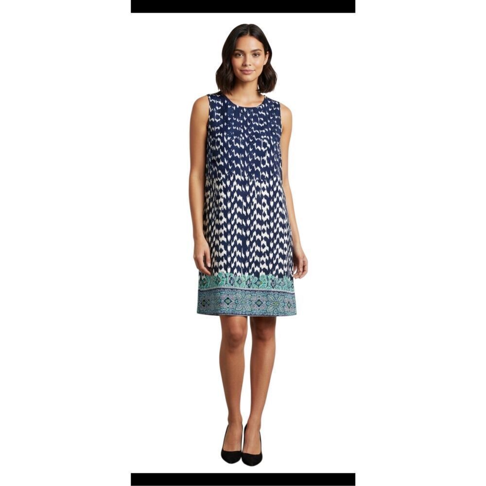 AB Studio Navy White Abstract Sheath Dress Gold Shoulder Zips Size 12
